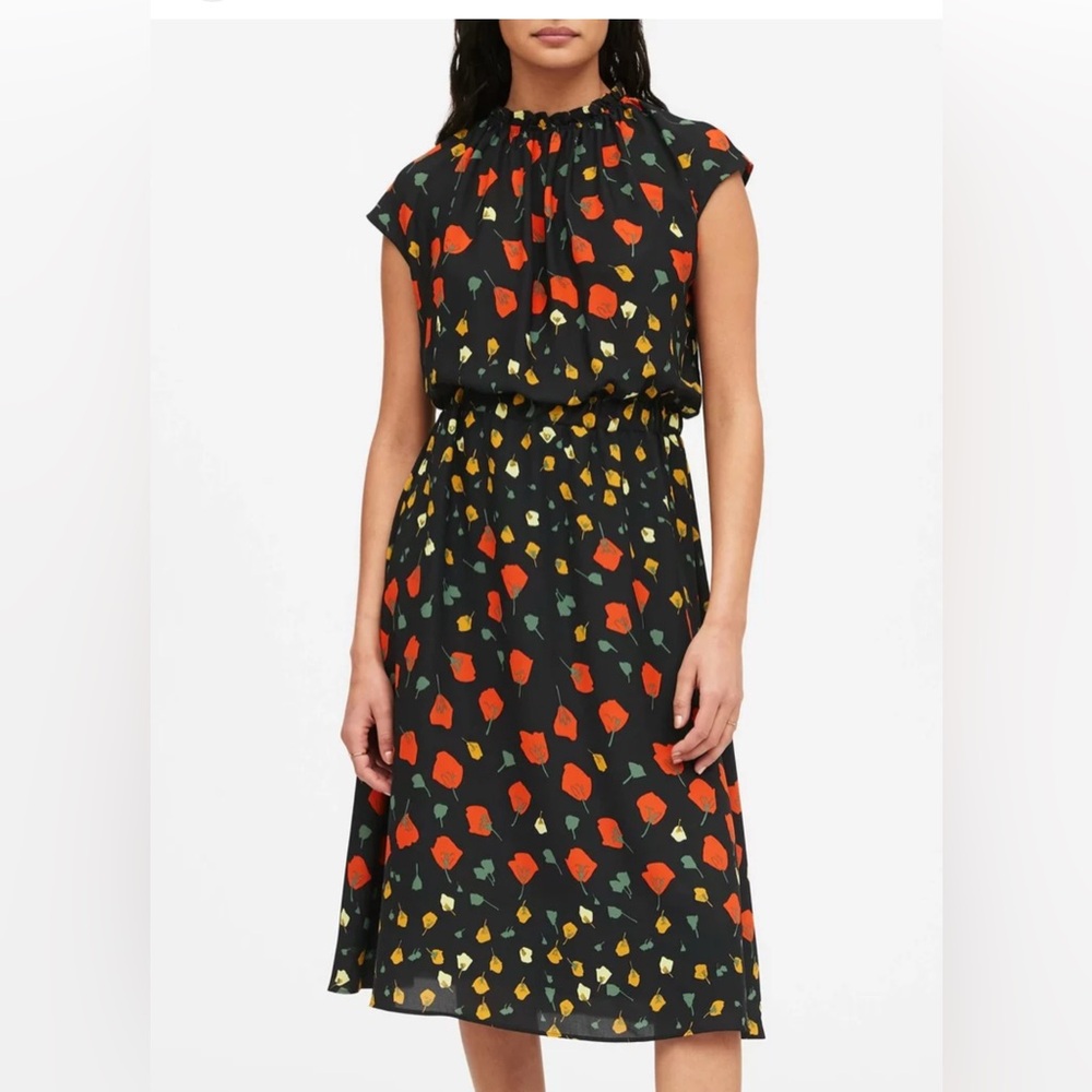 EUC Banana Republic sz0 Black Midi Dress with Red and Yellow Floral Poppy Accent